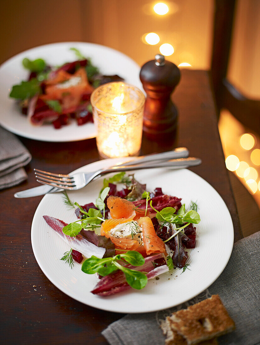 Smoked salmon with horseradish crème fraîche and beetroot