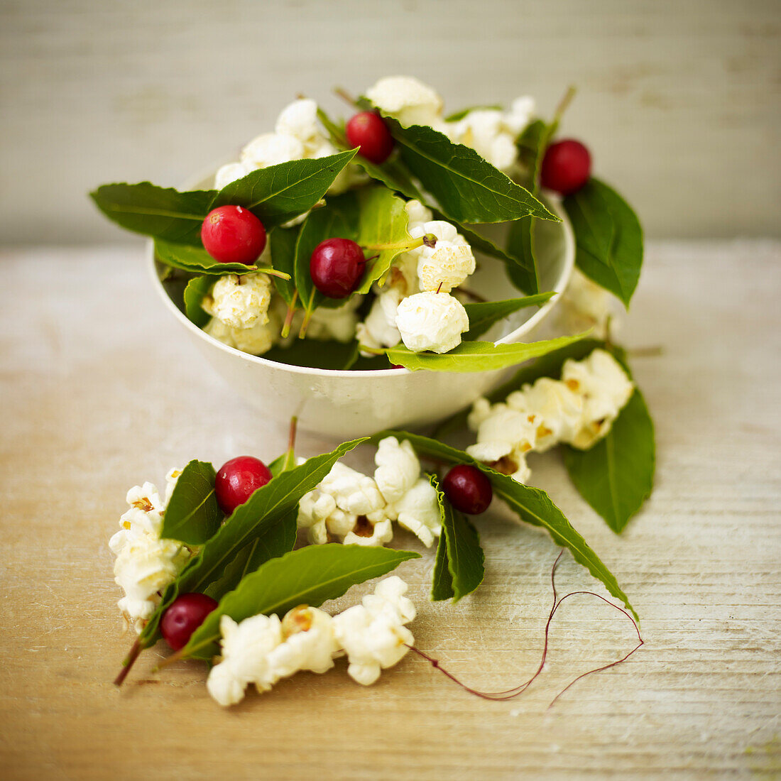 Popcorn-Girlande mit Lorbeerblättern und Cranberries