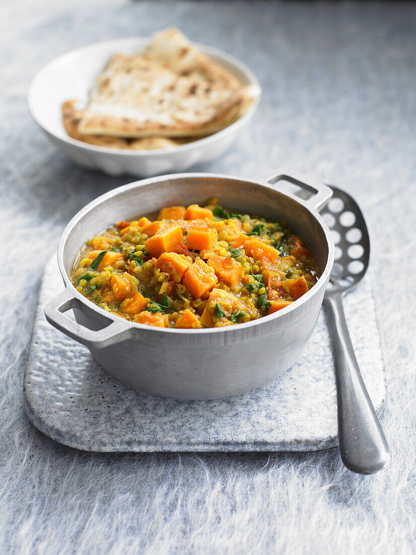 Lentil dal with sweet potatoes and spinach
