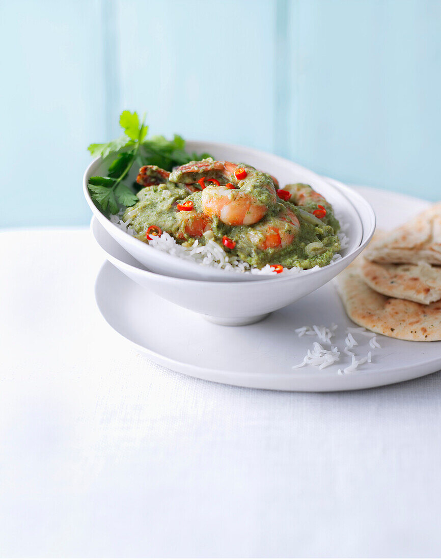 Green masala shrimp on rice