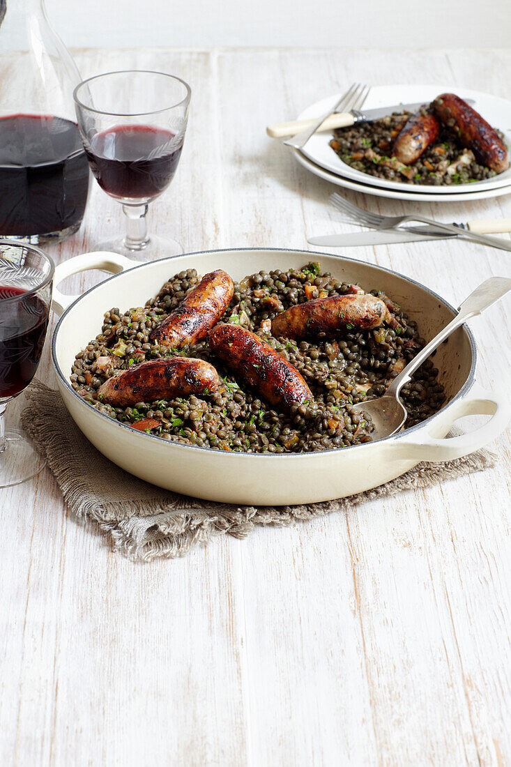Red wine with sausages lentils Lentils
