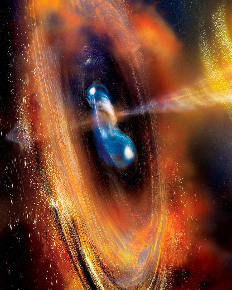 Illustration of a gamma-ray burst as two neutron stars begin to merge