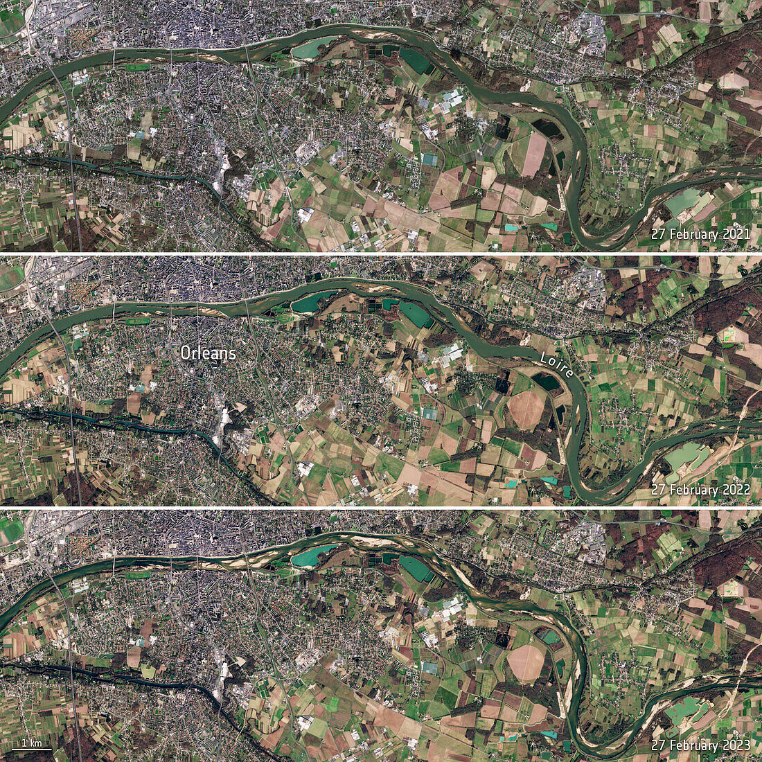 Loire River, France, over three years, satellite images