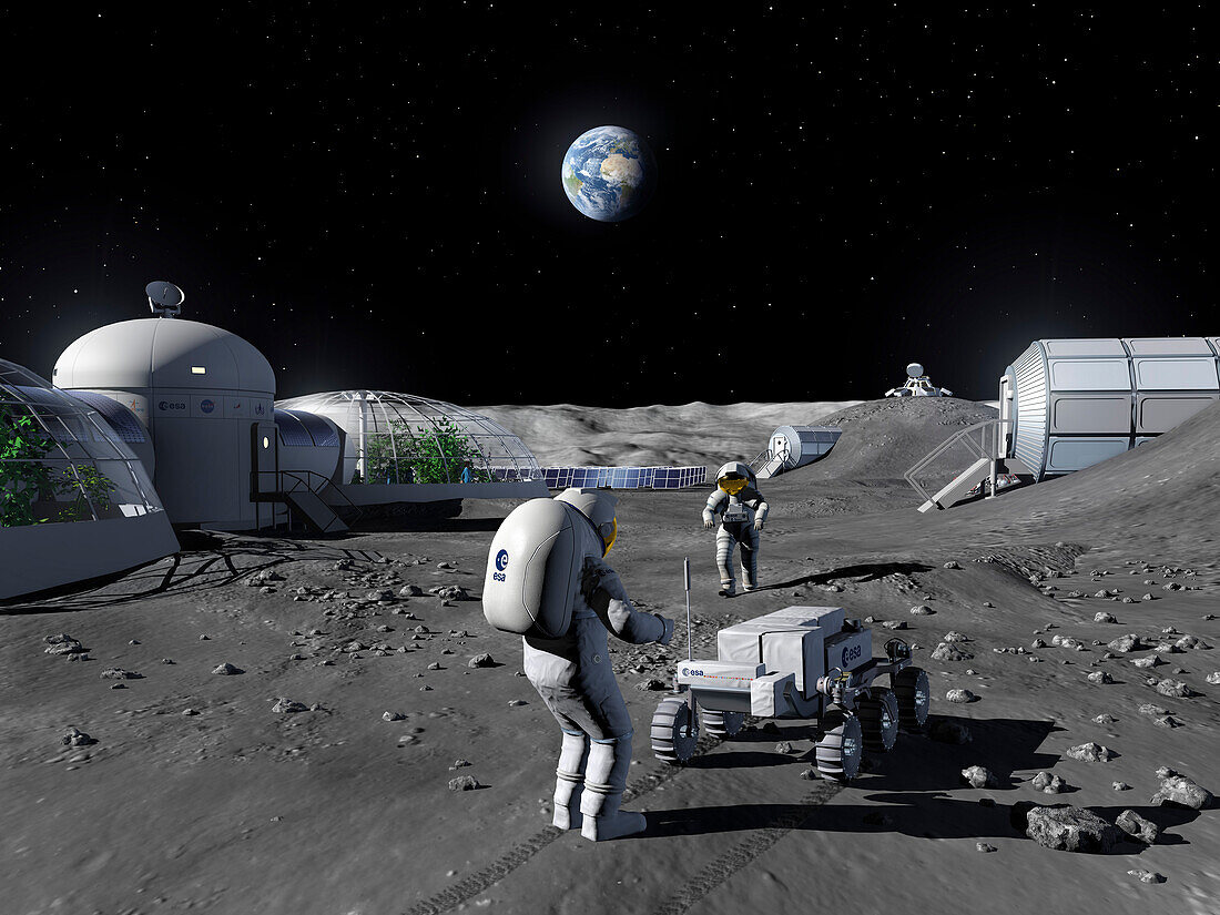 Astronauts at a Moon base, illustration