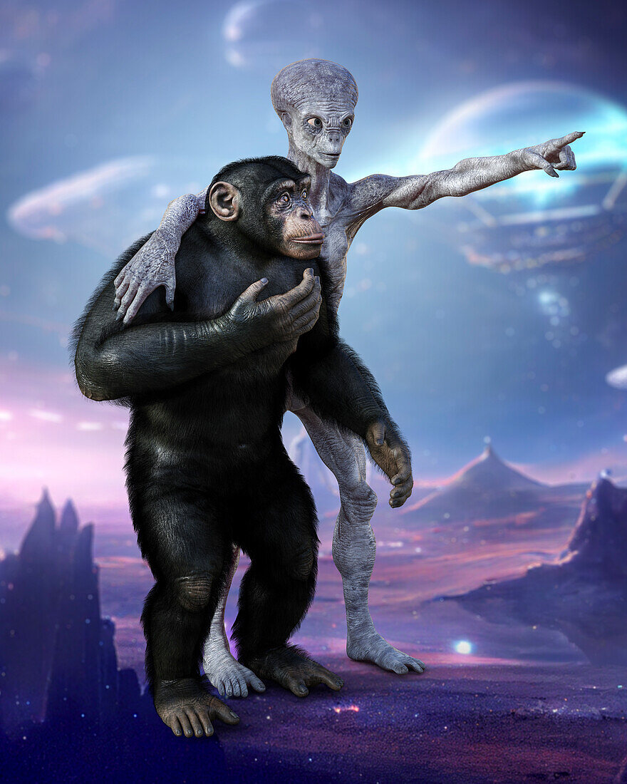 Alien and chimpanzee, illustration