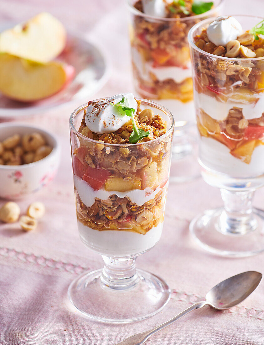 Yogurt dessert with baked oatmeal and apples