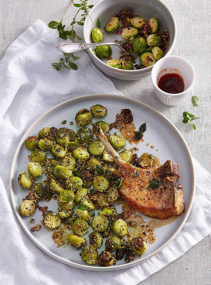Pork chop with roasted brussels sprouts