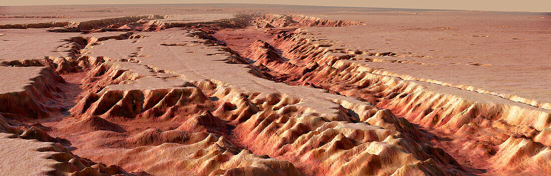 Panoramic artwork of a Martian canyon