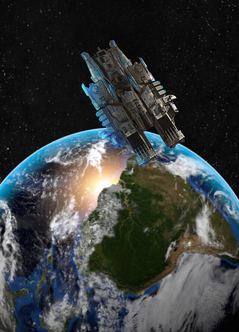 Spaceship orbiting the Earth, illustration