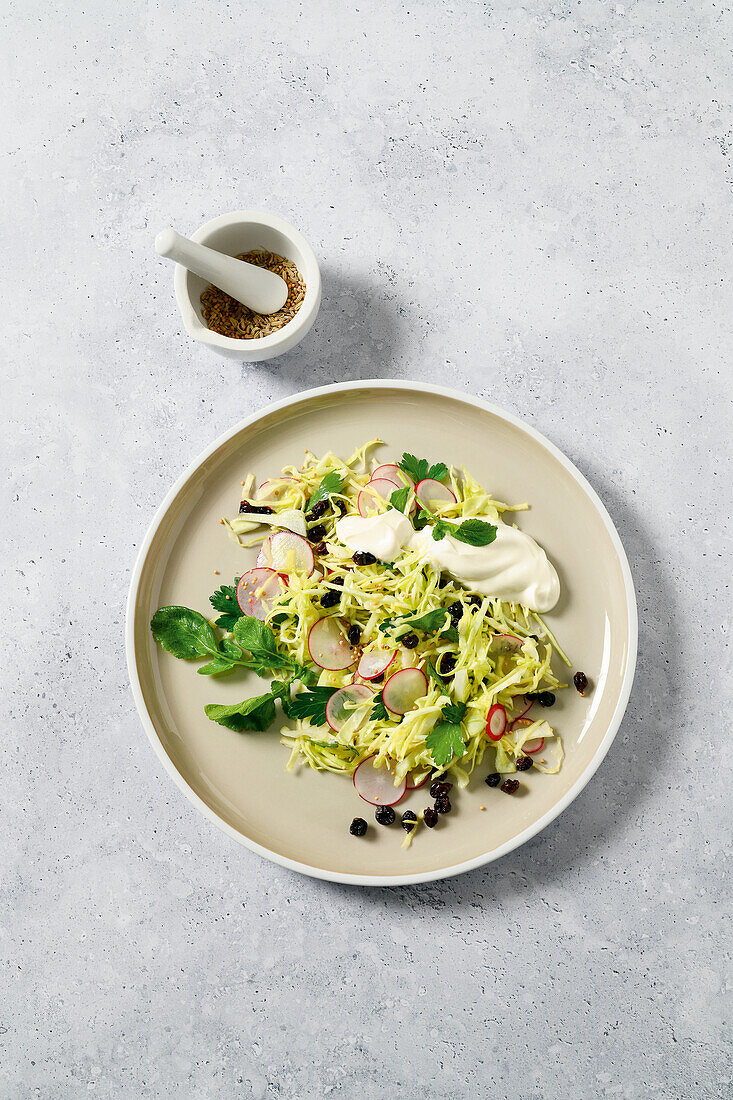 Cabbage salad with currants, radishes and yogurt cream