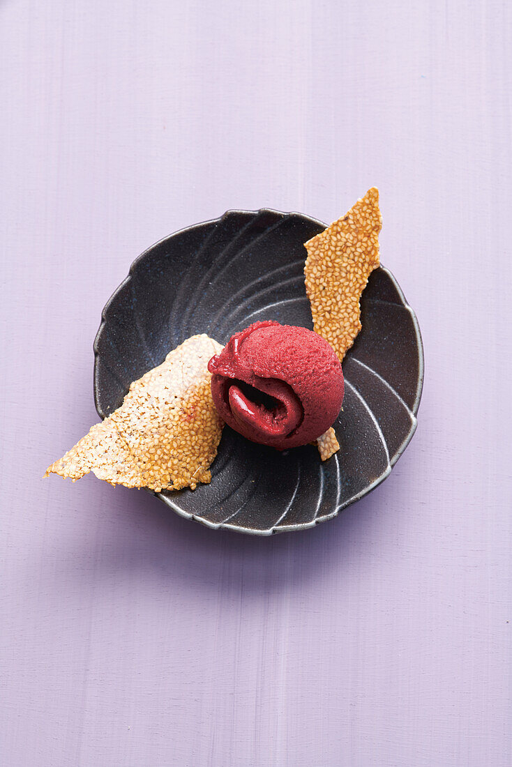 Blackberry sorbet with sesame brittle