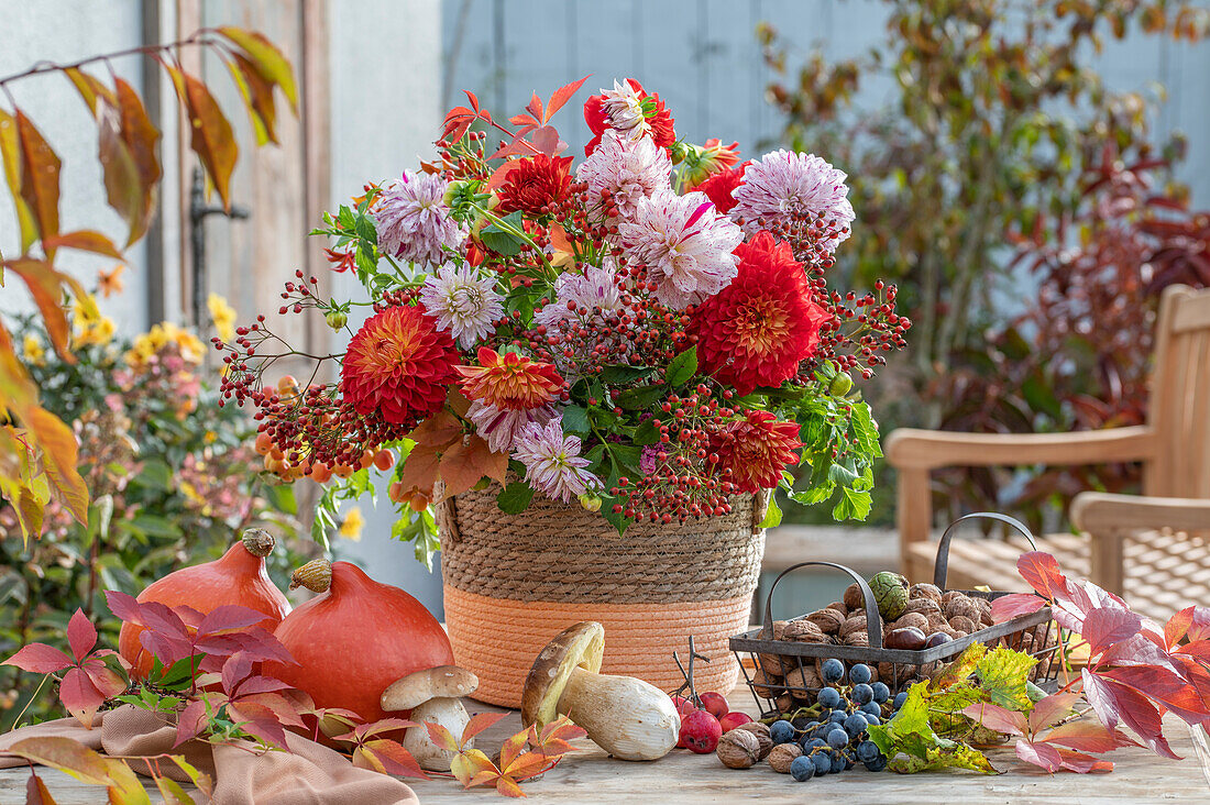 Autumn table decoration with flowerpot of dahlias, rosehips, mushrooms and pumpkin
