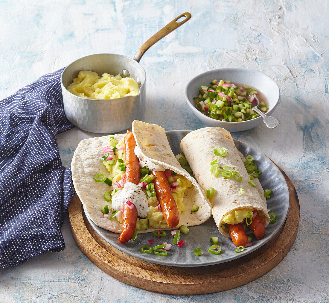 Swedish sausage wraps with cucumber salad