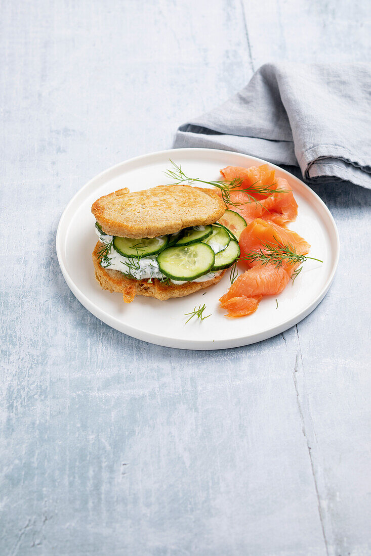 Oat pancake sandwich with salmon