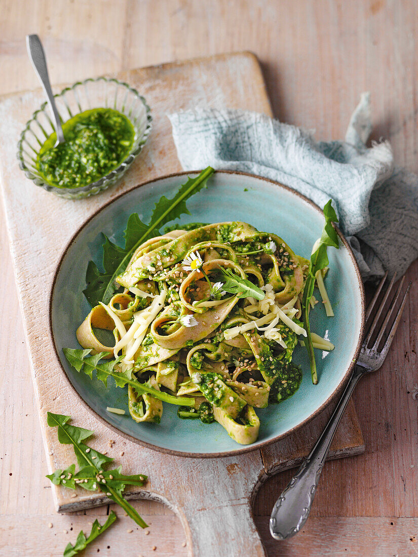 Spelt pasta with dandelion pesto and fenugreek cheese