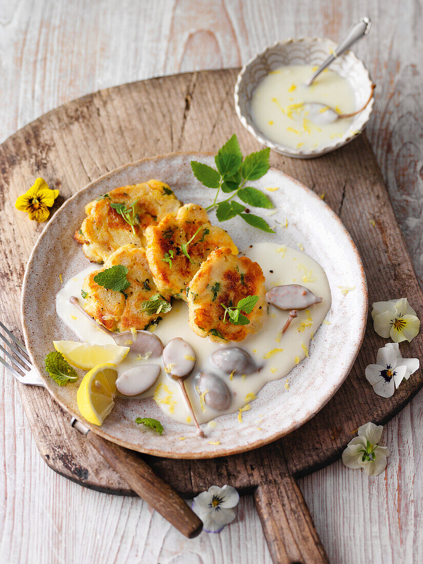 Herb dumplings with lemon-caper sauce