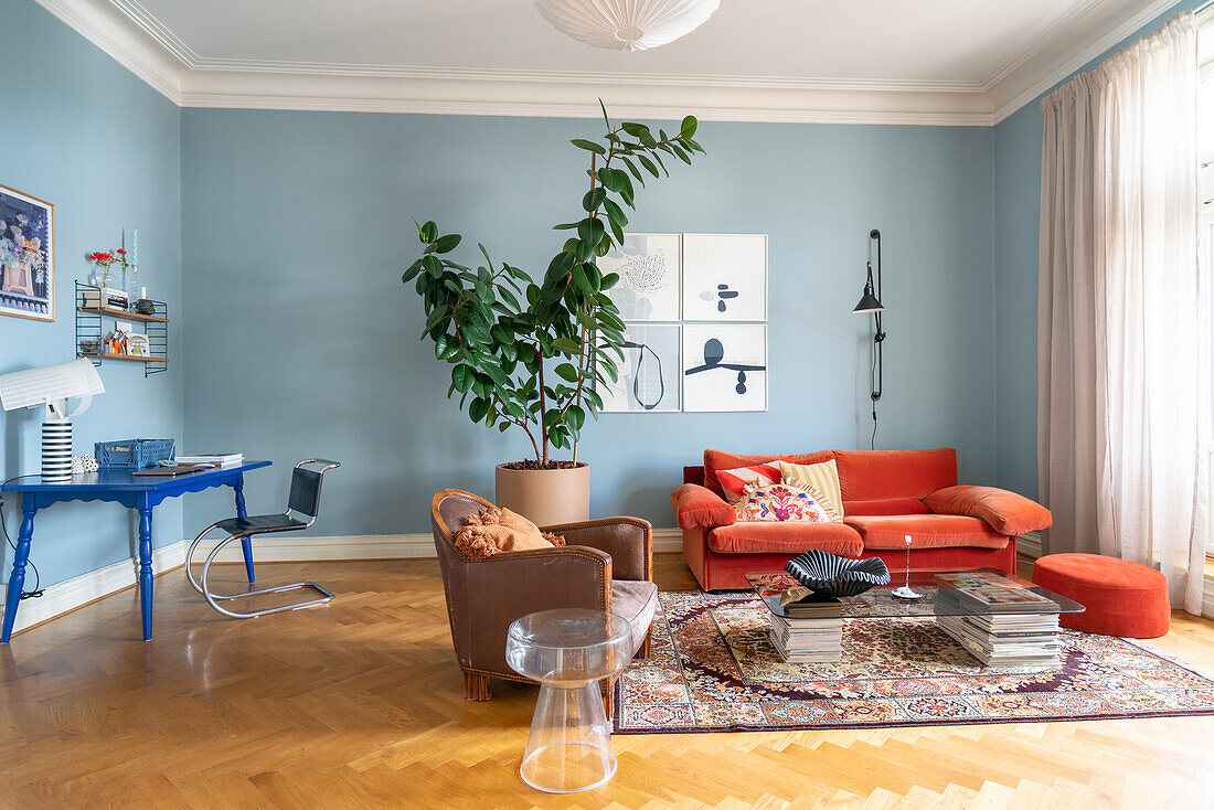 Living room with orange sofa, leather armchair, light blue walls and large houseplant