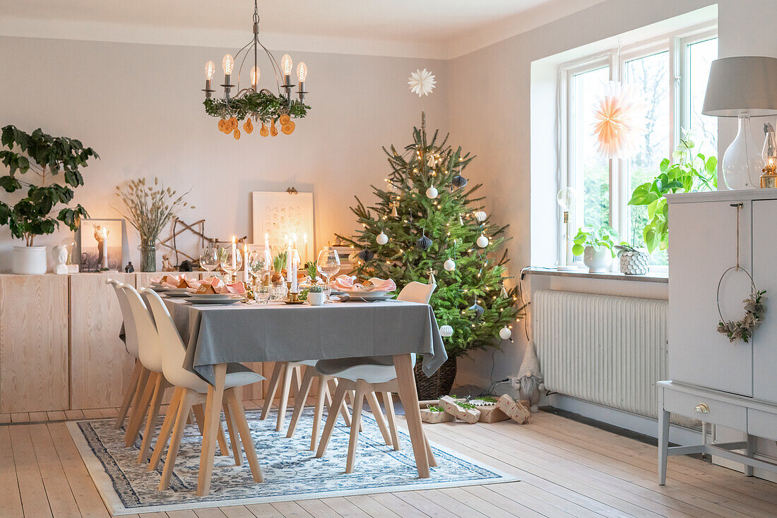 Festive dining table and Christmas tree in a bright living room