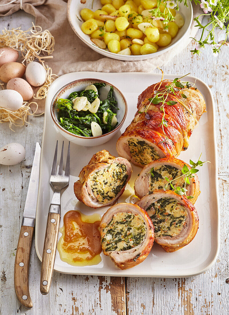 Stuffed goat roulade with garlic and spinach