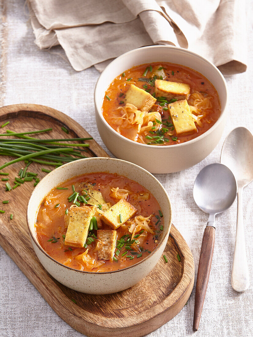 Cabbage soup with smoked tofu