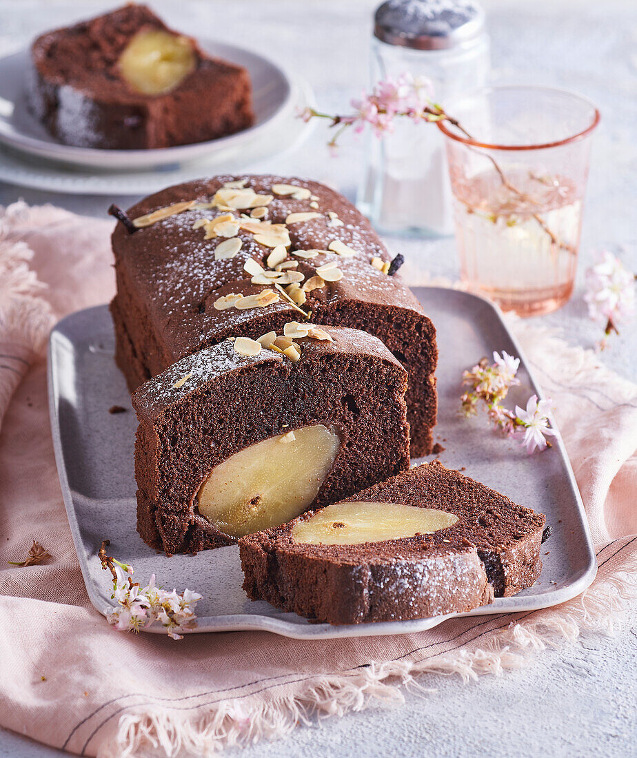 Chocolate bread baked with poached pears