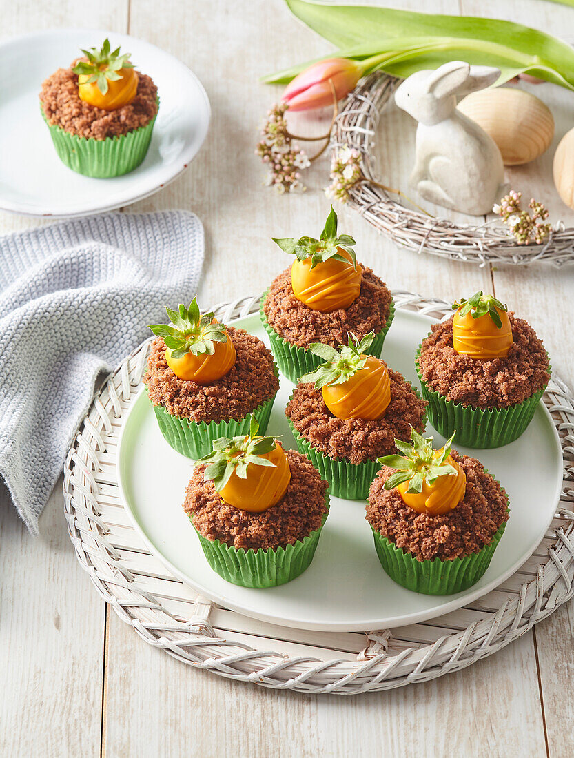 Easter chocolate cupcakes with 'carrot' strawberries