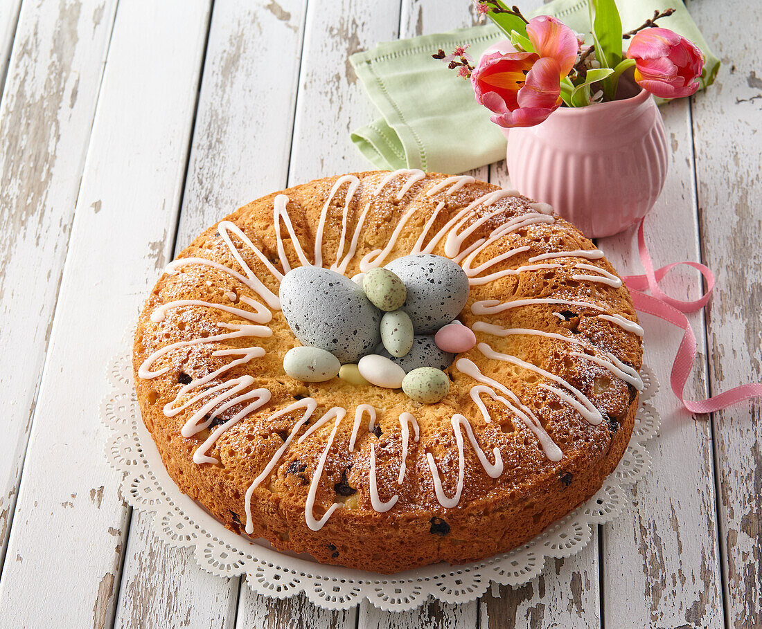 Easter curd cake with egg candies