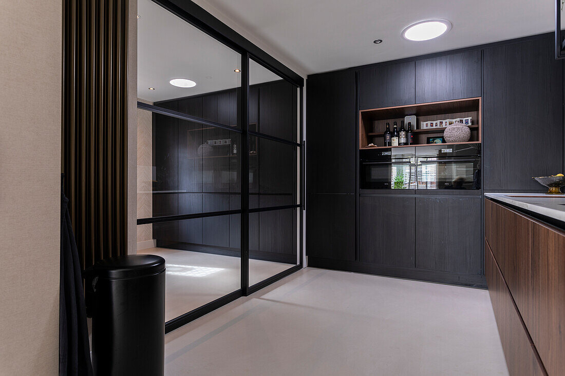 Modern kitchen with dark wooden cabinets and glass room divider