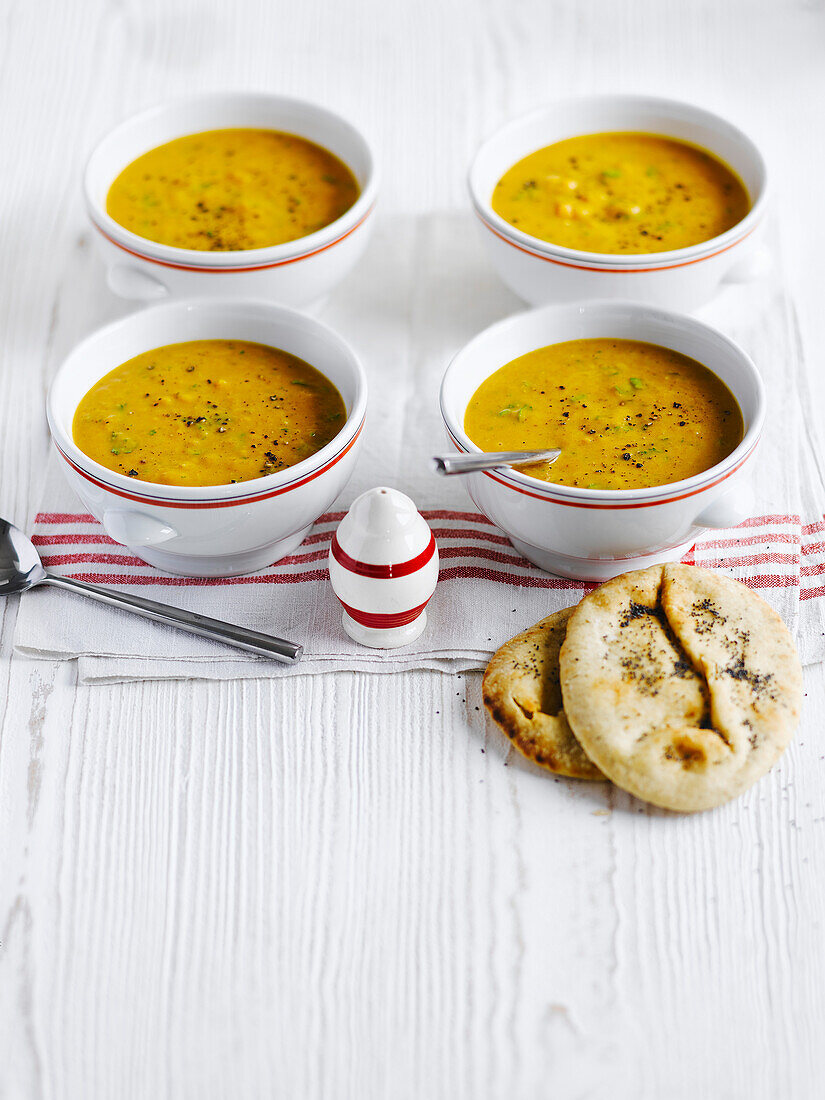 Roasted butternut squash soup with naan (India)