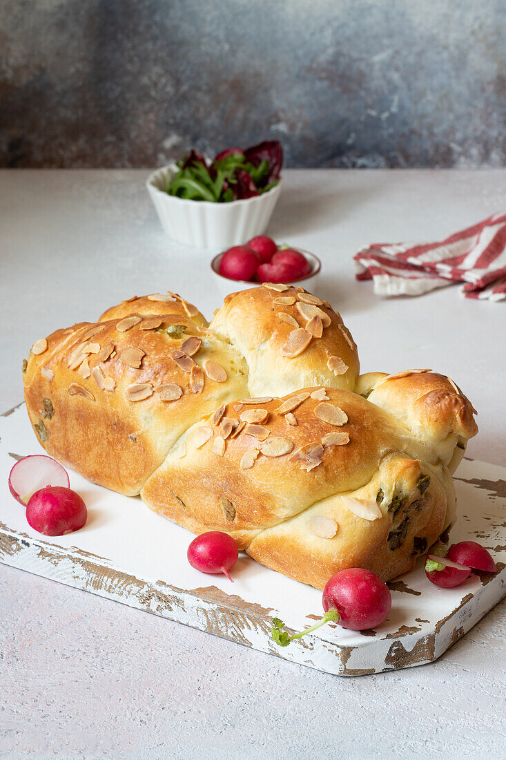 Olive Brioche bread with radishes