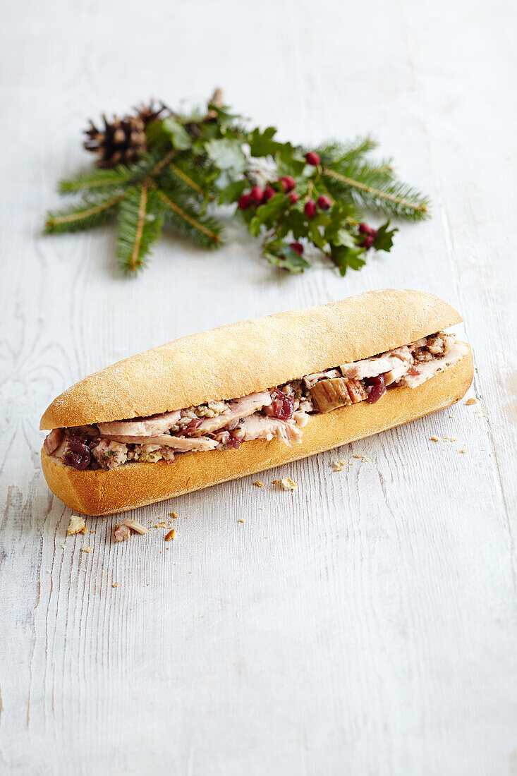 Baguette with turkey stuffing, sausage, and cranberries