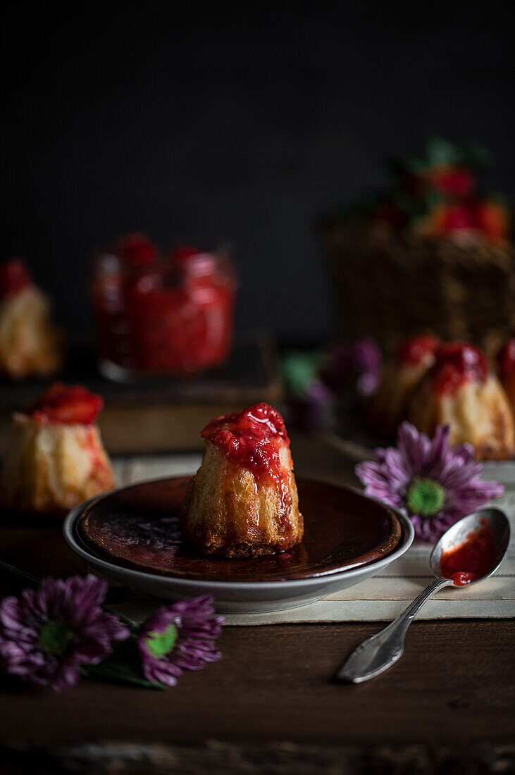 Caneles with rhubarb strawberry compote