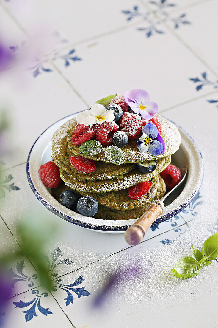 Sweet basil pancakes with fresh berries