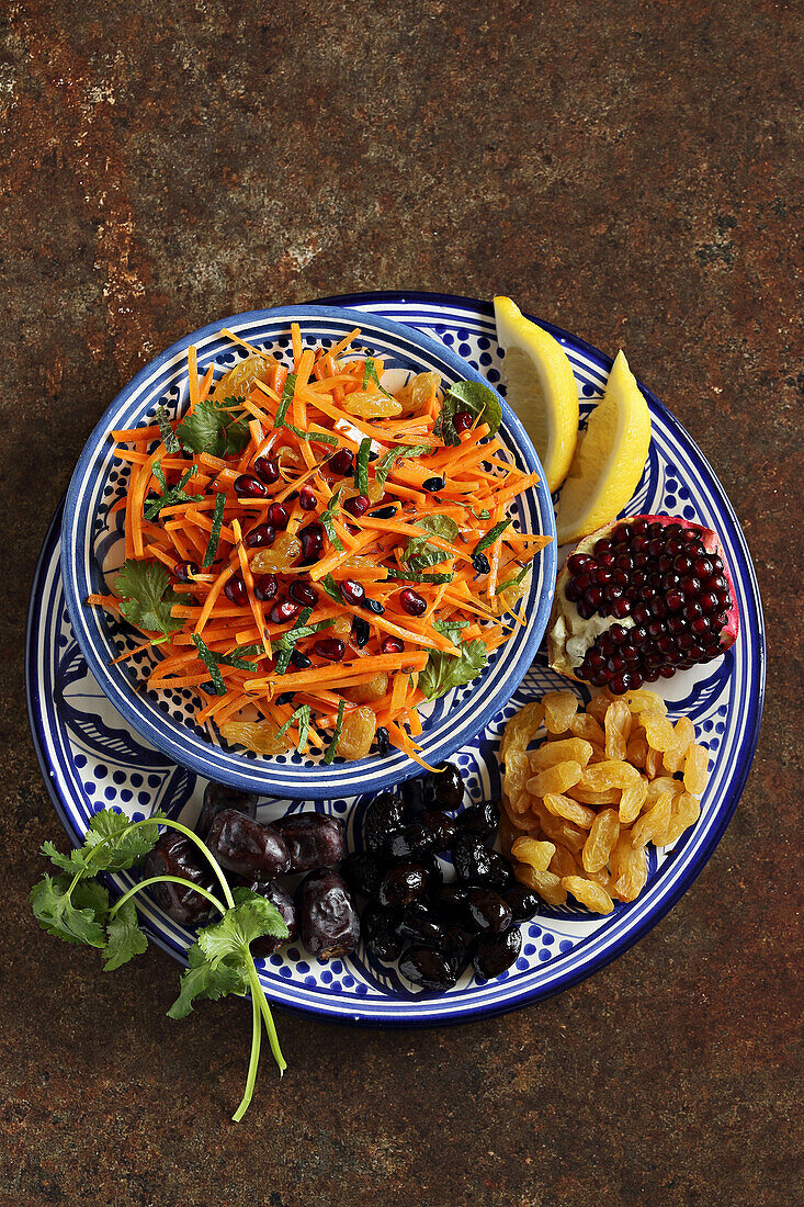 Sweet and spicy Moroccan carrot salad with raisins and pomegranate