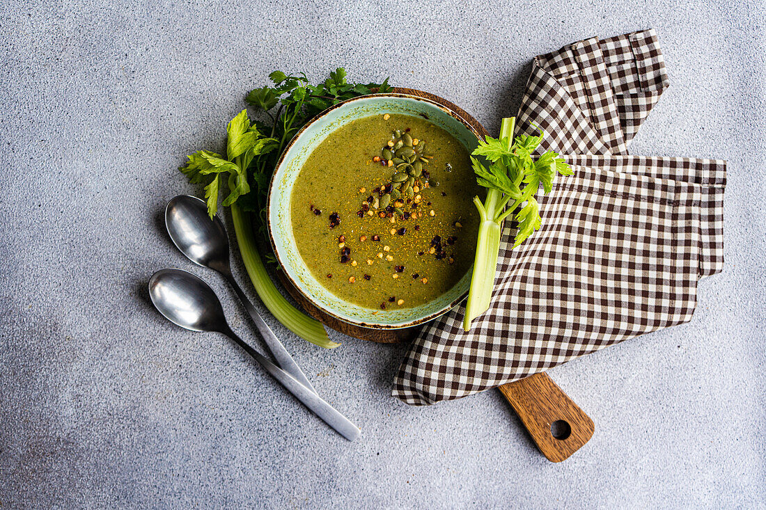 Cream of celery soup with pumpkin seeds