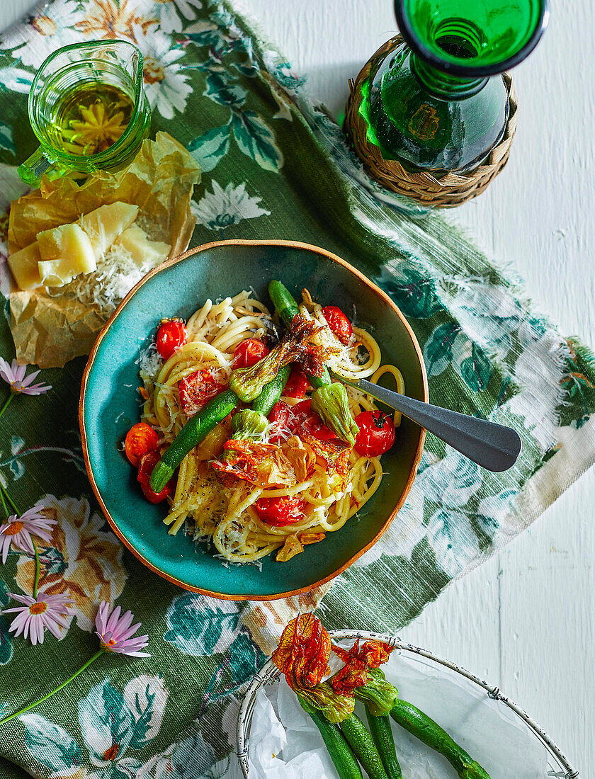 Roasted zucchini flower and tomato pasta