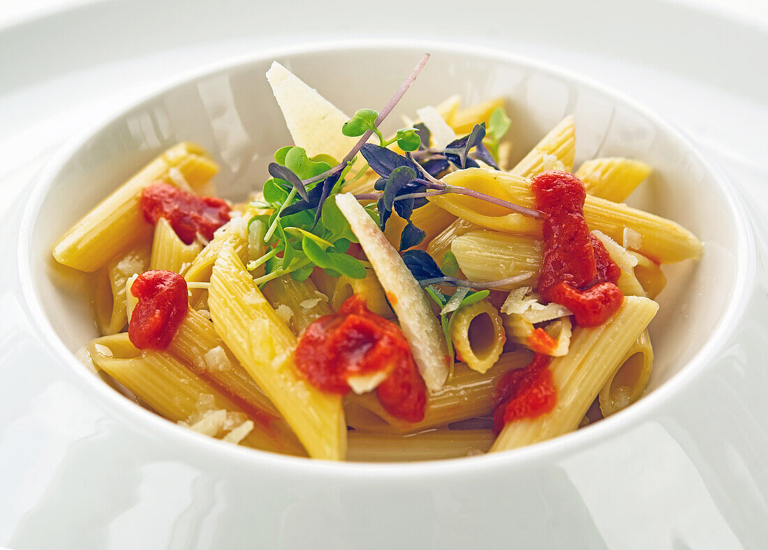 Penne with tomatoes and cress