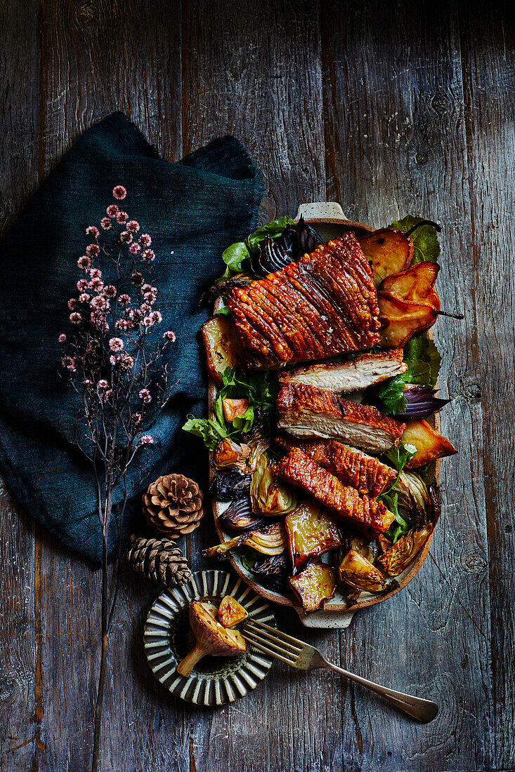 Slow cook pork belly with winter salad