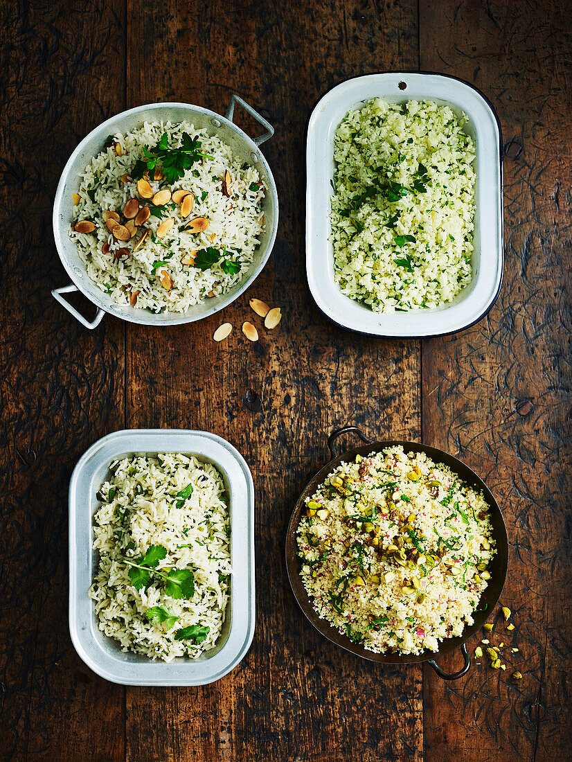 Getreidebeilagen: Mandelpilaw, Blumenkohl-Reis, gedämpfter Ingwerreis, Zitronen-Pistazien-Couscous