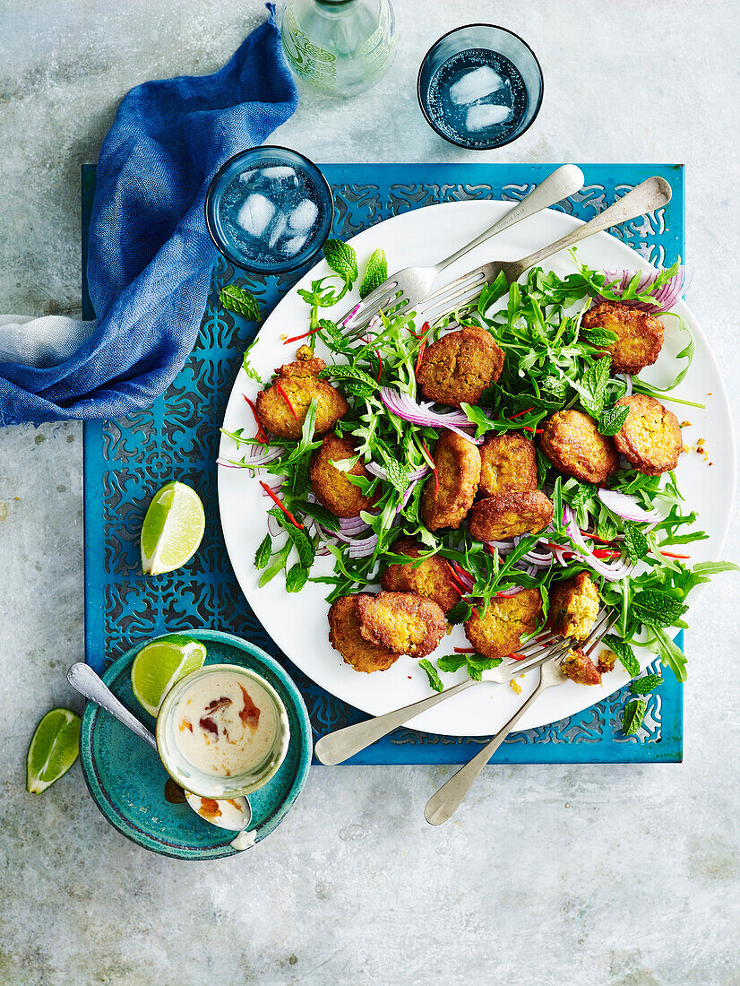 Chickpea bites with mint and rocket salad