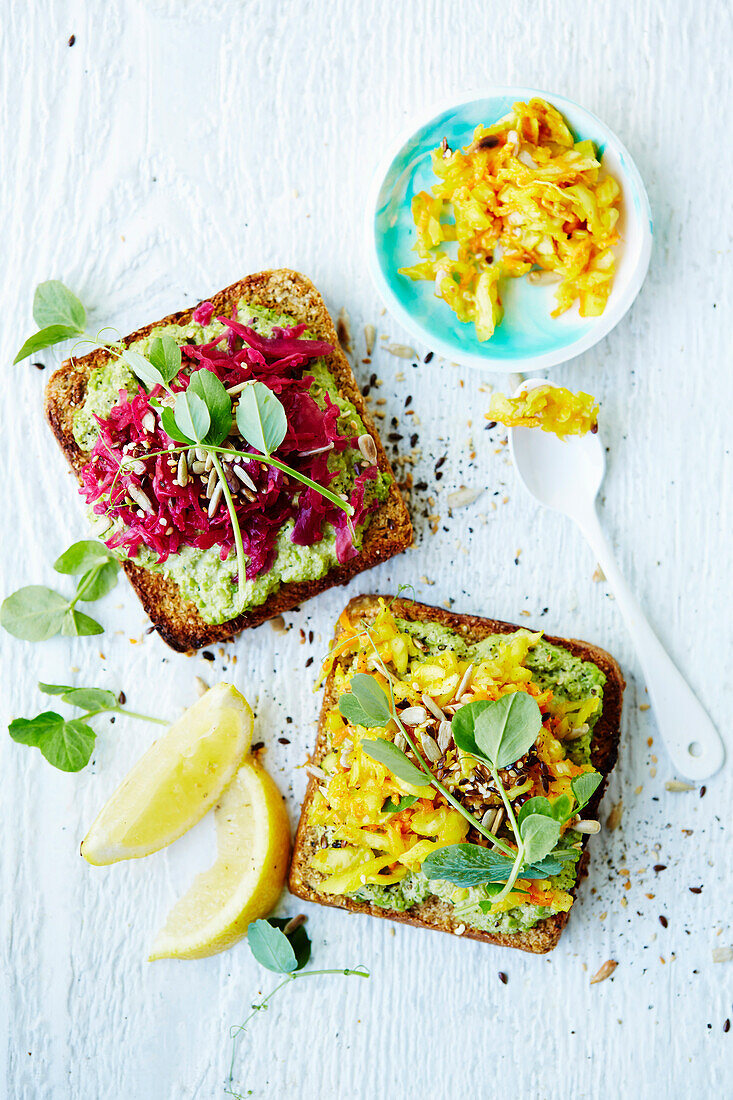 Pea spread and fermented vegetable on toast