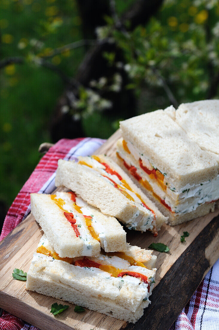 Sandwiches with roasted peppers and cream cheese
