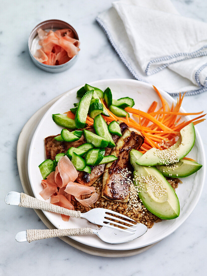 Soy-glazed tofu sushi salad bowl