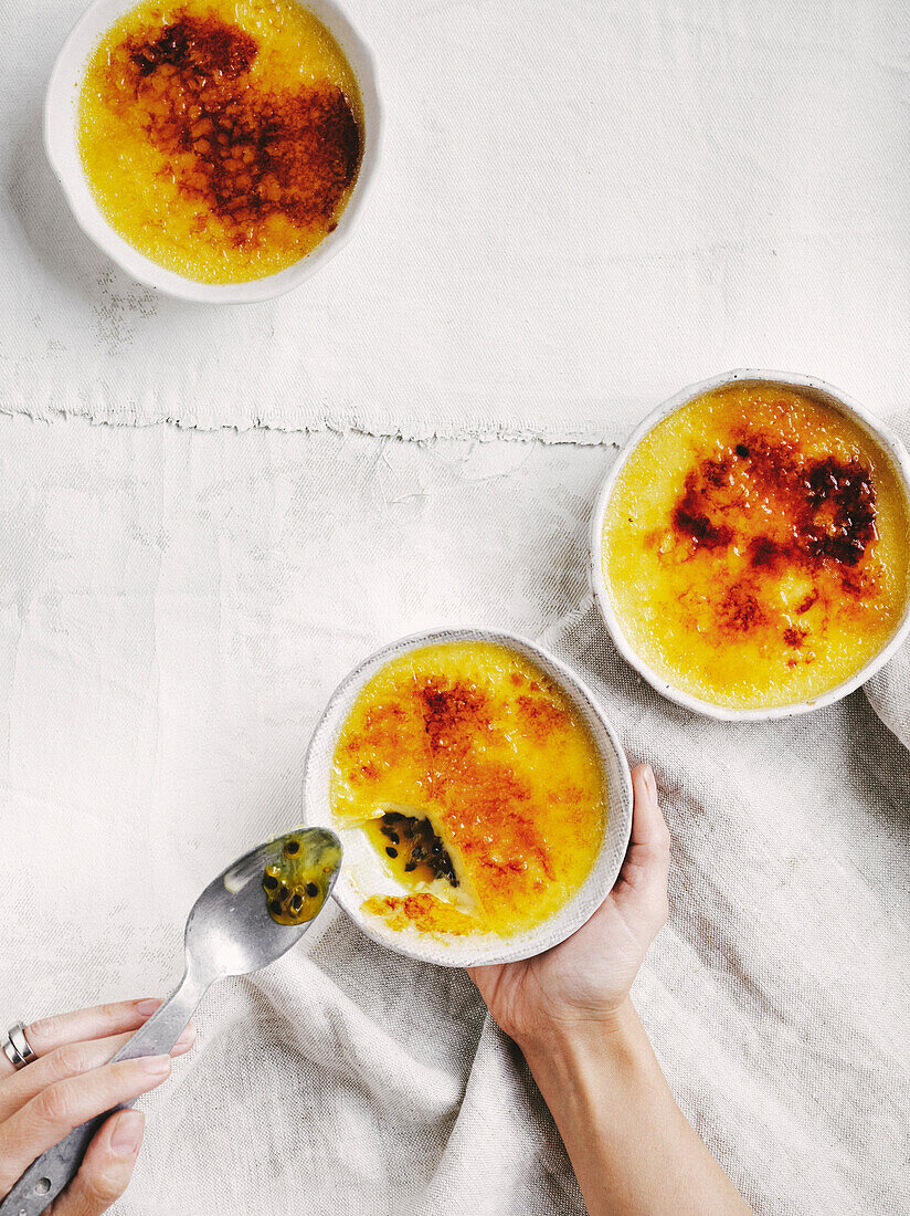 Creme brulee with passionfruit jam