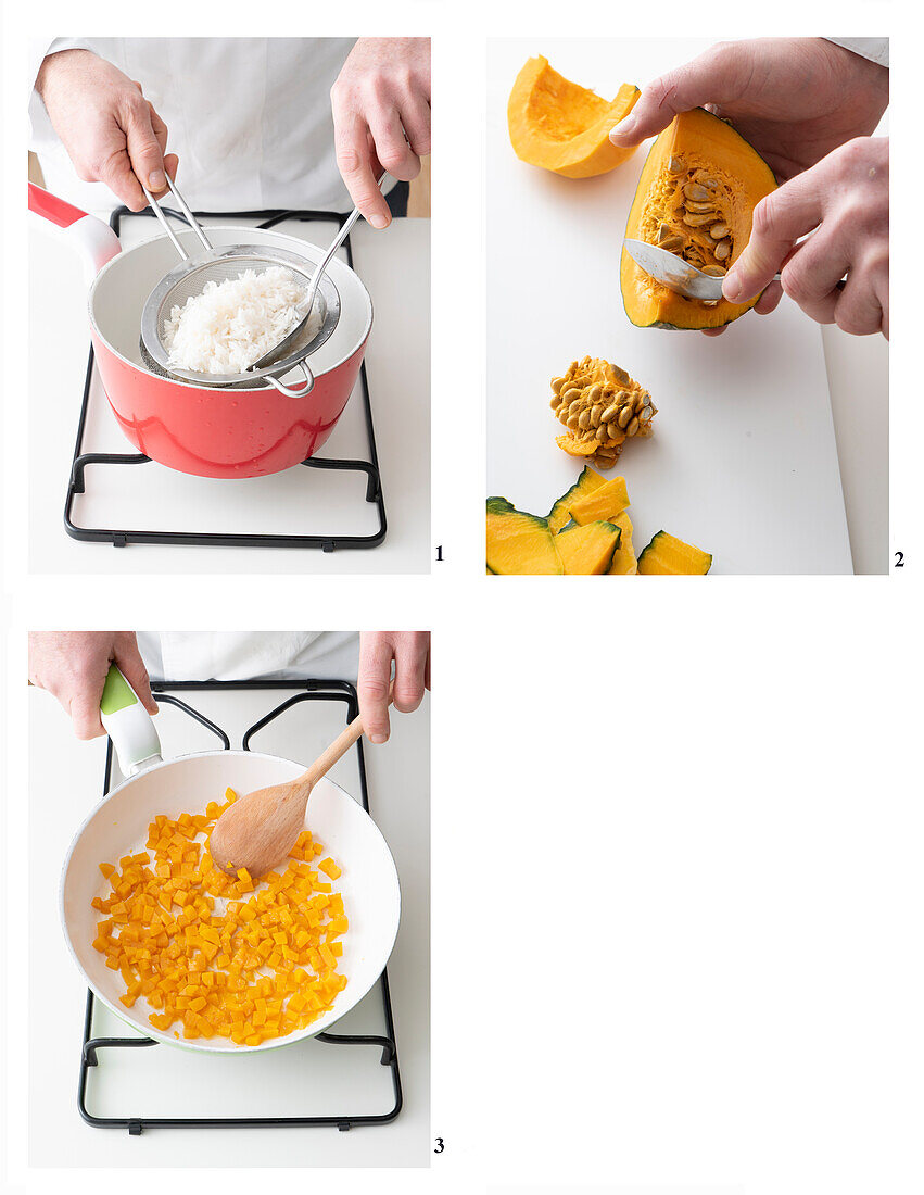 Preparing pumpkin rice