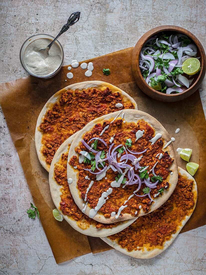 Turkish lahmacun with tahini sauce