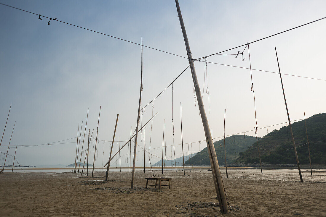 A Structure Made By Posts And Ropes To Hang Fishing Nets; Xiapu, Fujian, China