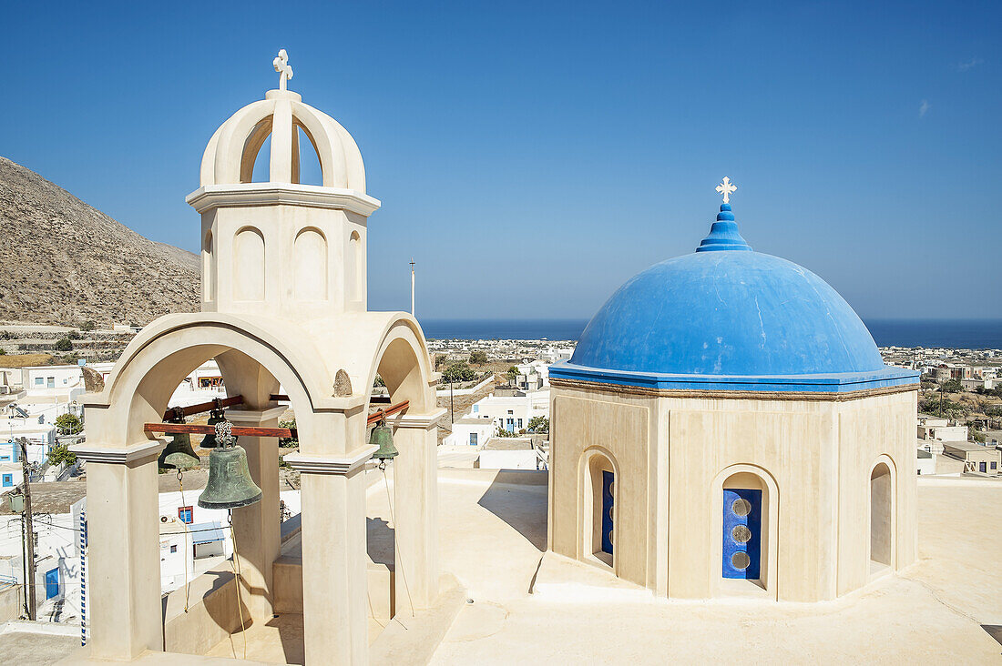 Church With Blue Dome Roof And View Of The Aegean Sea; Megalochori, Santorini, Greece
