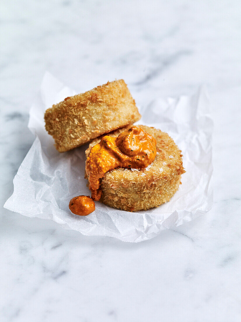 Cheesy crisp polenta cakes with romesco sauce