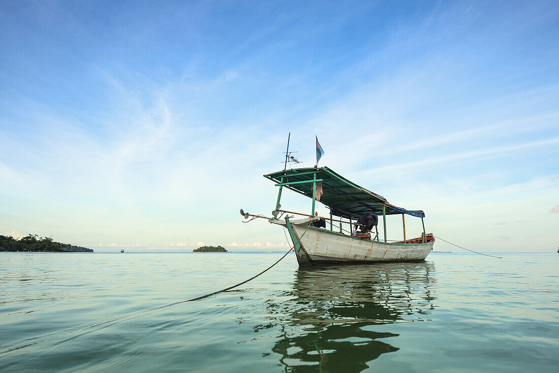 Boat Moored In The Water Off Tui Beach, Koh Rong Island; Sihanoukville, Cambodia